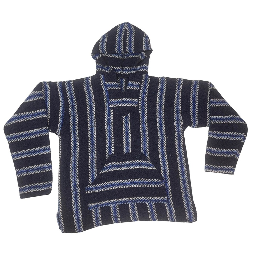 Baja‎ Hoodie Unisex Large Blue Striped Pullover Jerga Mexican Blanket Poncho